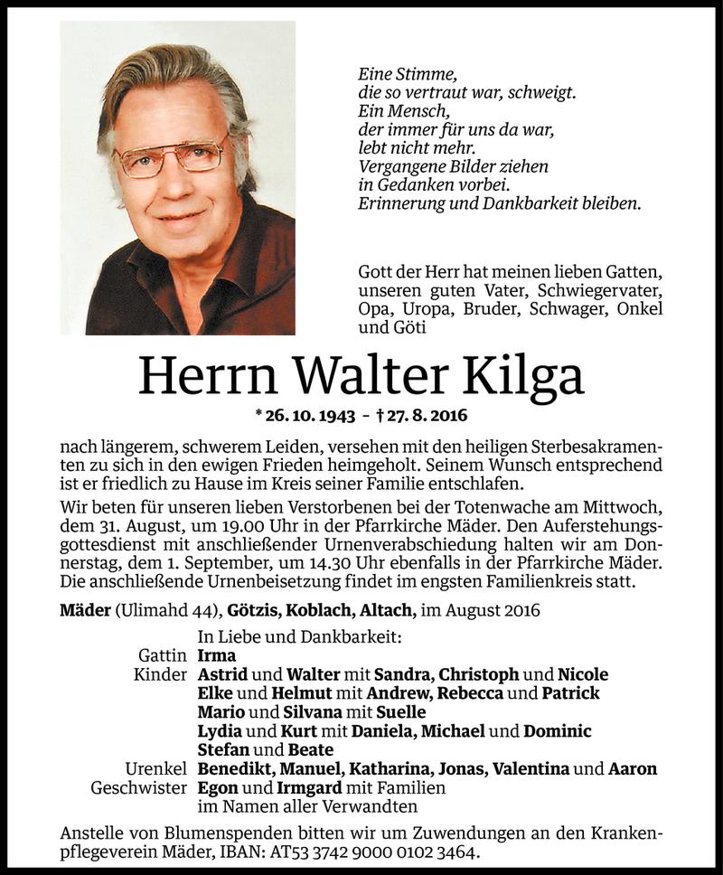  Todesanzeige für Walter Kilga vom 30.08.2016 aus Vorarlberger Nachrichten