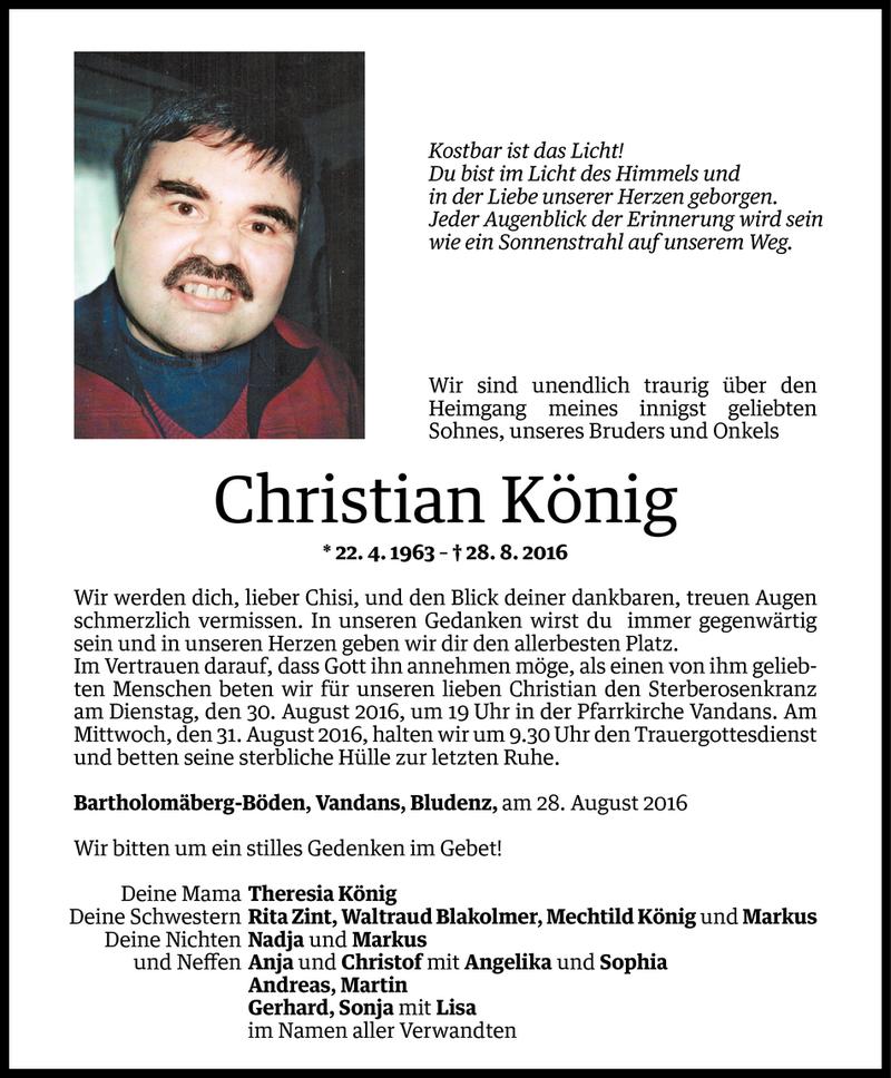  Todesanzeige für Christian König vom 29.08.2016 aus Vorarlberger Nachrichten