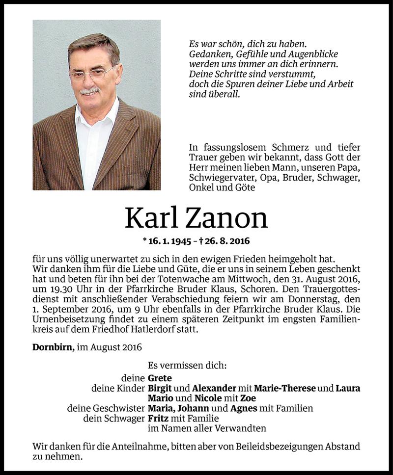  Todesanzeige für Karl Zanon vom 29.08.2016 aus Vorarlberger Nachrichten