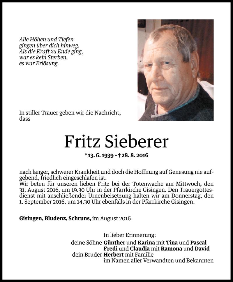  Todesanzeige für Fritz Sieberer vom 29.08.2016 aus Vorarlberger Nachrichten