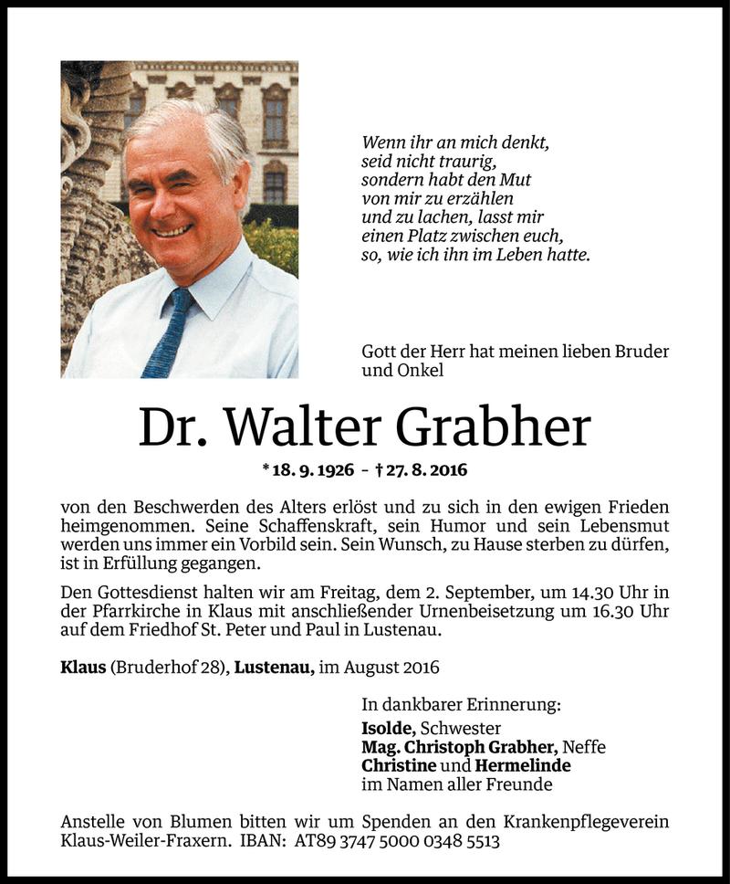  Todesanzeige für Walter Grabher vom 30.08.2016 aus Vorarlberger Nachrichten