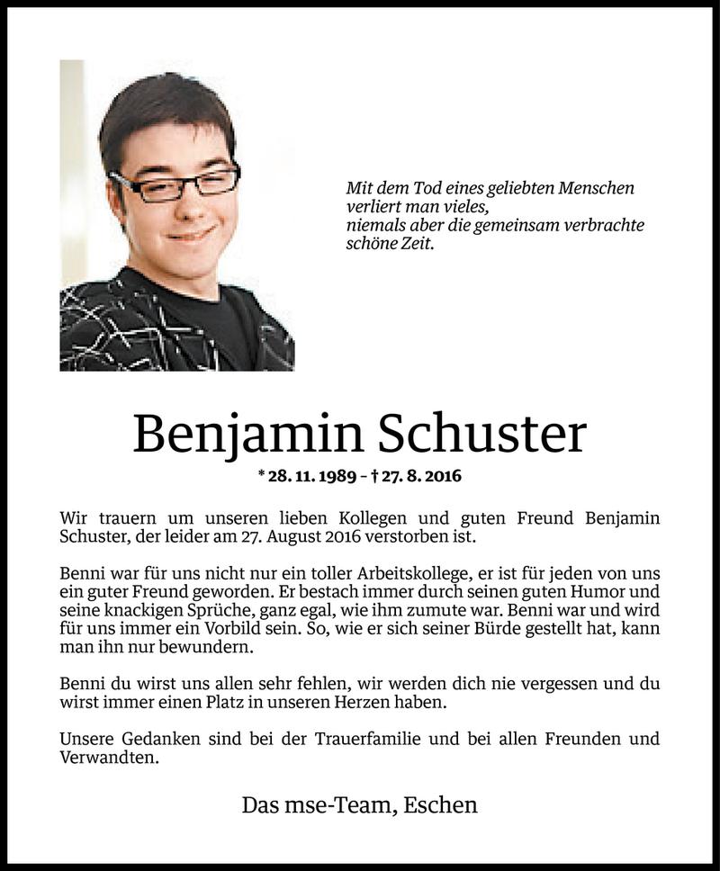  Todesanzeige für Benjamin Schuster vom 30.08.2016 aus Vorarlberger Nachrichten