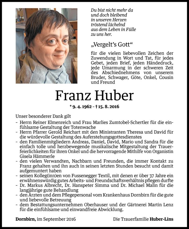  Todesanzeige für Franz Huber vom 09.09.2016 aus Vorarlberger Nachrichten