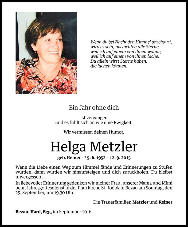  Todesanzeige für Helga Metzler vom 01.09.2016 aus Vorarlberger Nachrichten