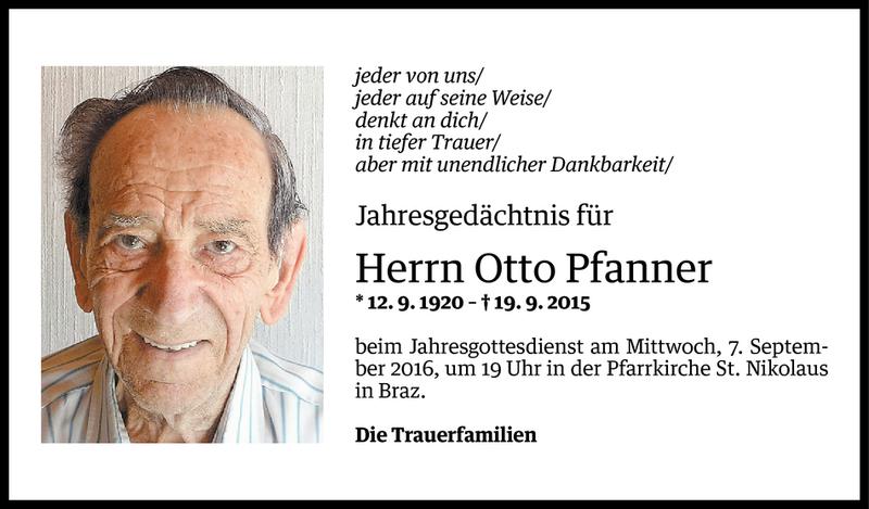  Todesanzeige für Otto Pfanner vom 03.09.2016 aus Vorarlberger Nachrichten