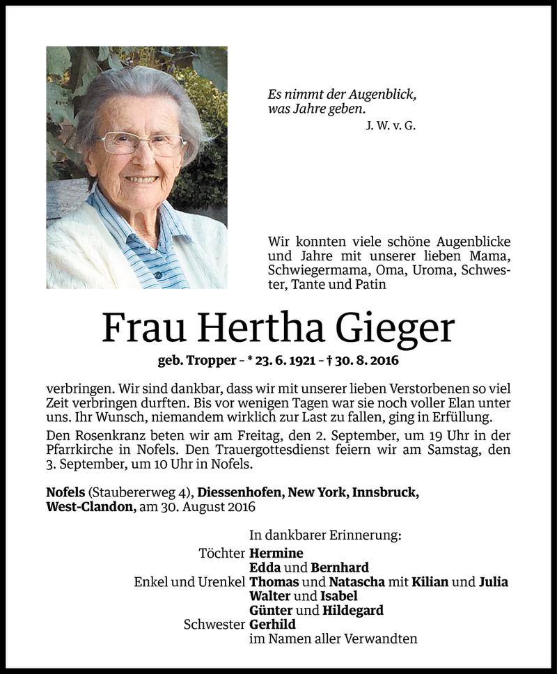  Todesanzeige für Hertha Gieger vom 31.08.2016 aus Vorarlberger Nachrichten