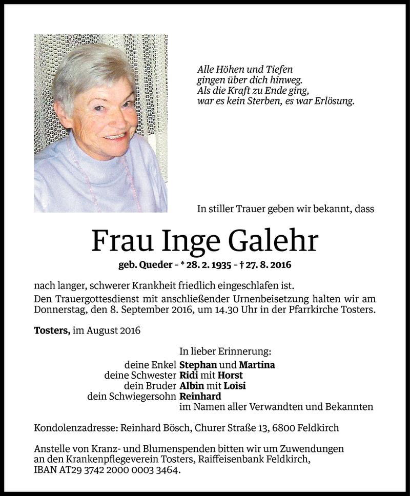  Todesanzeige für Inge Galehr vom 05.09.2016 aus Vorarlberger Nachrichten