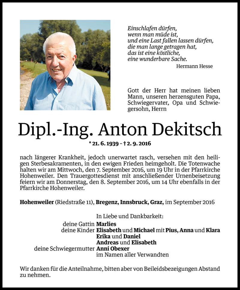  Todesanzeige für Anton Dekitsch vom 05.09.2016 aus Vorarlberger Nachrichten