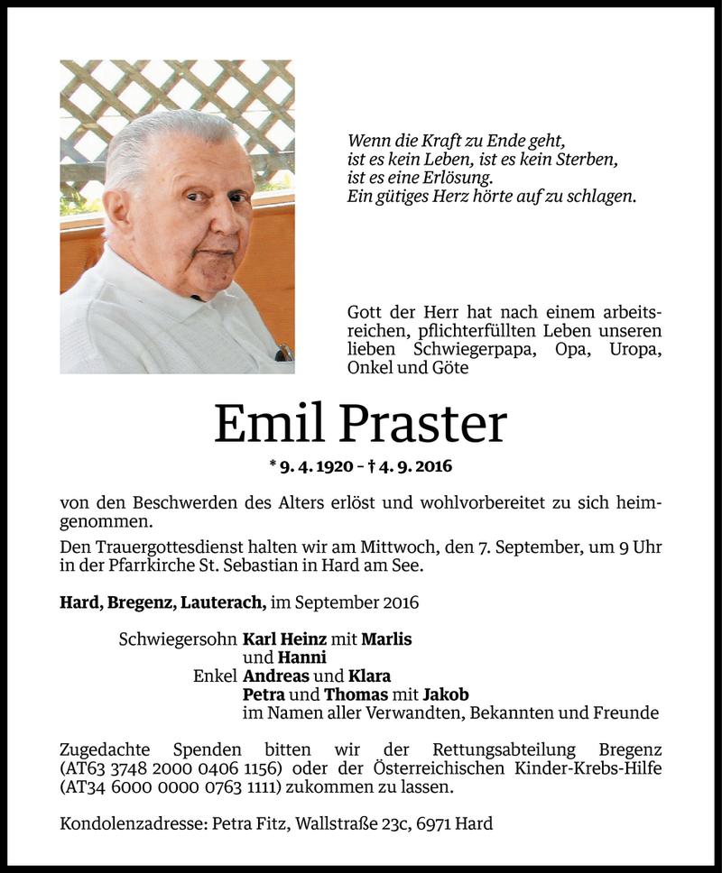  Todesanzeige für Emil Praster vom 05.09.2016 aus Vorarlberger Nachrichten