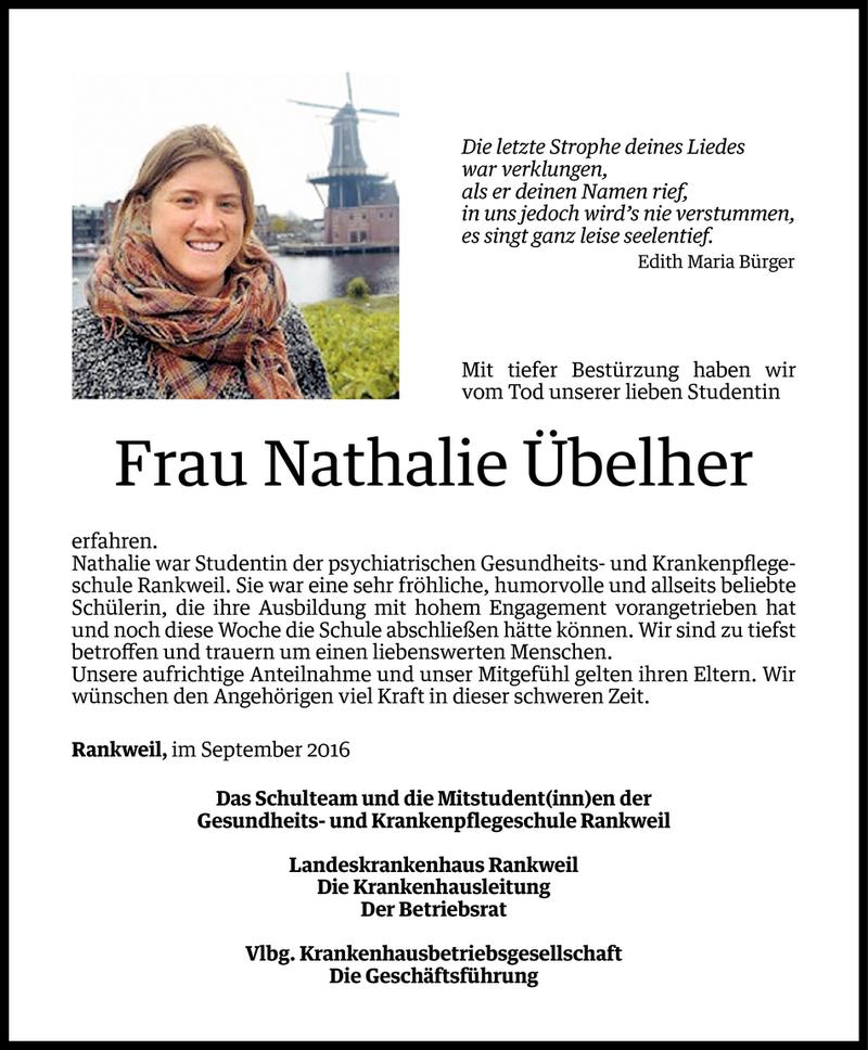  Todesanzeige für Nathalie Übelher vom 05.09.2016 aus Vorarlberger Nachrichten