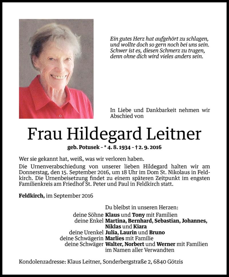  Todesanzeige für Hildegard Leitner vom 11.09.2016 aus Vorarlberger Nachrichten