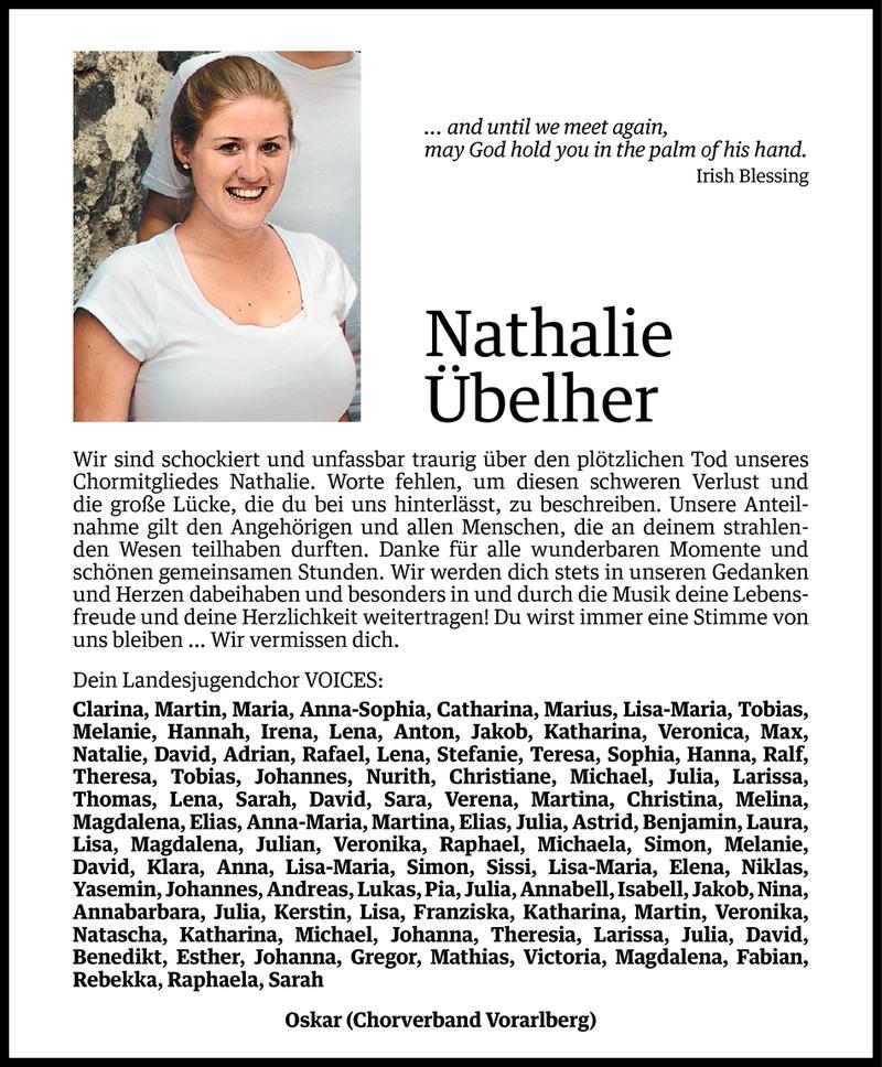  Todesanzeige für Nathalie Übelher vom 06.09.2016 aus Vorarlberger Nachrichten