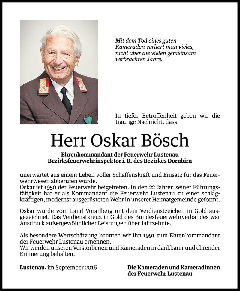  Todesanzeige für Oskar Bösch vom 07.09.2016 aus Vorarlberger Nachrichten