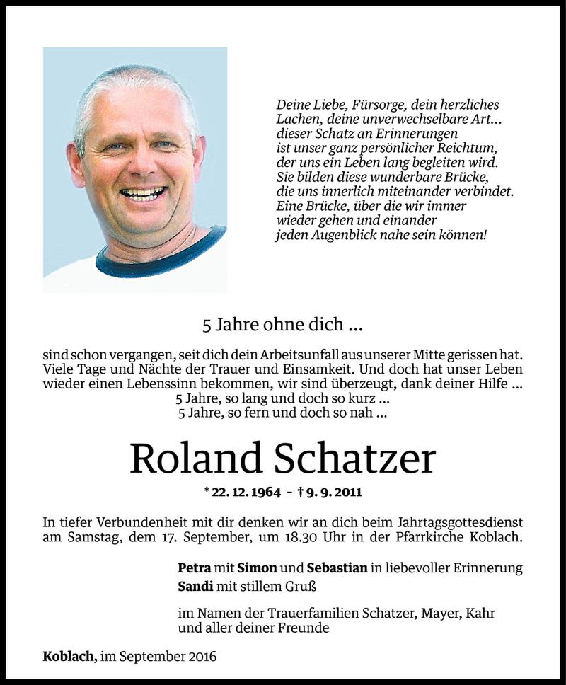  Todesanzeige für Roland Schatzer vom 09.09.2016 aus Vorarlberger Nachrichten