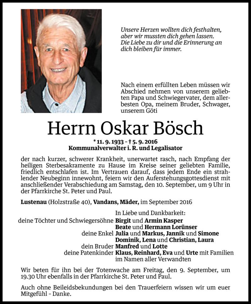  Todesanzeige für Oskar Bösch vom 07.09.2016 aus Vorarlberger Nachrichten