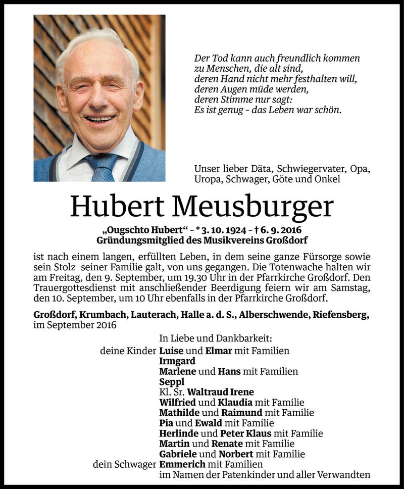  Todesanzeige für Hubert Meusburger vom 07.09.2016 aus Vorarlberger Nachrichten