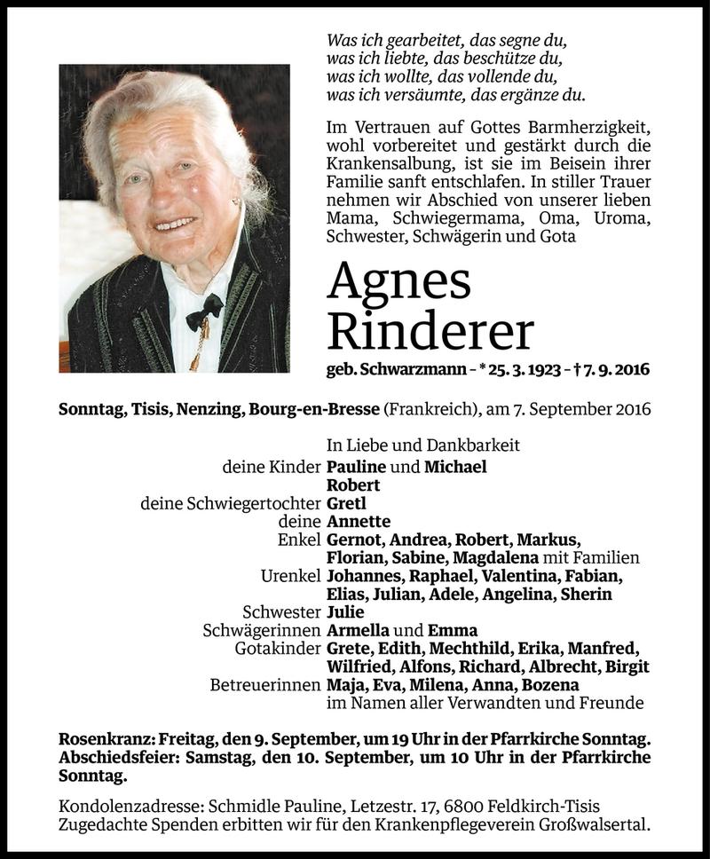  Todesanzeige für Agnes Rinderer vom 07.09.2016 aus Vorarlberger Nachrichten