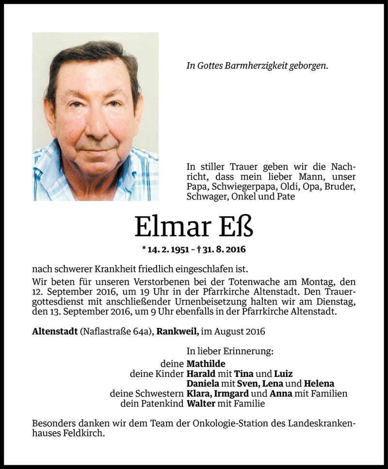  Todesanzeige für Elmar Eß vom 08.09.2016 aus Vorarlberger Nachrichten