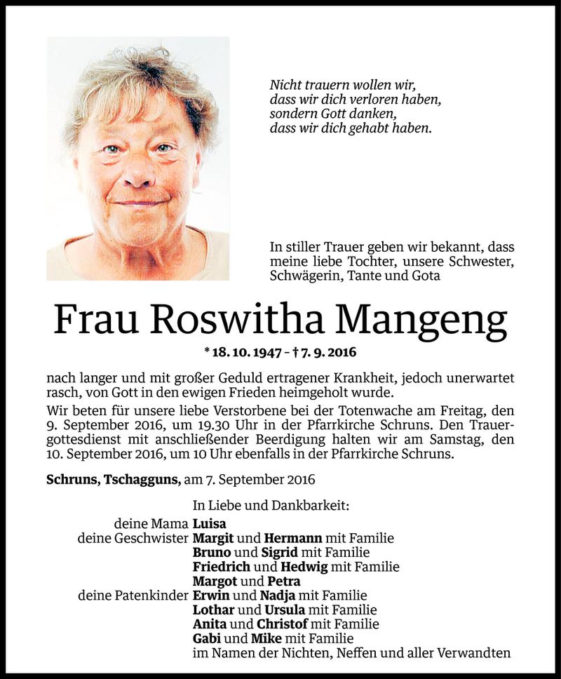  Todesanzeige für Roswitha Mangeng vom 08.09.2016 aus Vorarlberger Nachrichten