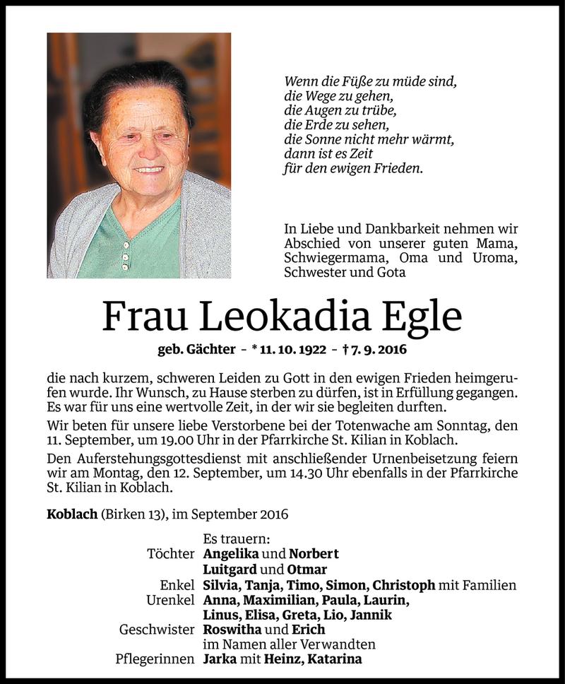  Todesanzeige für Leokadia Egle vom 10.09.2016 aus Vorarlberger Nachrichten