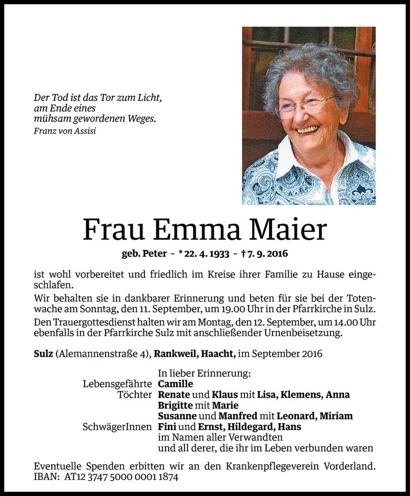  Todesanzeige für Emma Maier vom 09.09.2016 aus Vorarlberger Nachrichten