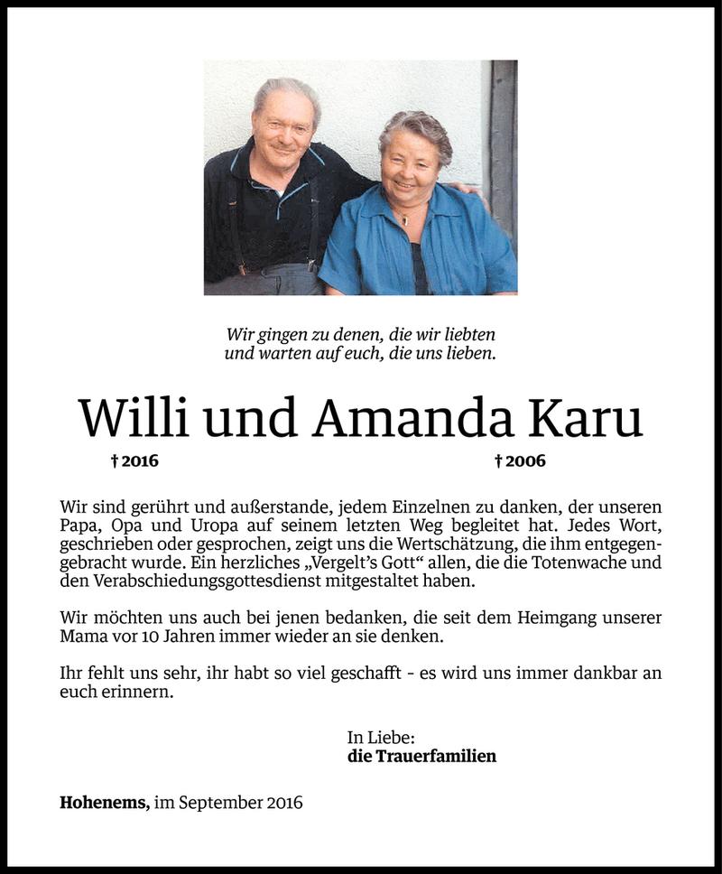  Todesanzeige für Willi Karu vom 08.09.2016 aus Vorarlberger Nachrichten