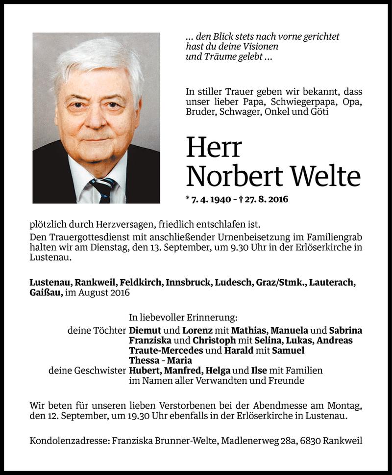  Todesanzeige für Norbert Welte vom 09.09.2016 aus Vorarlberger Nachrichten