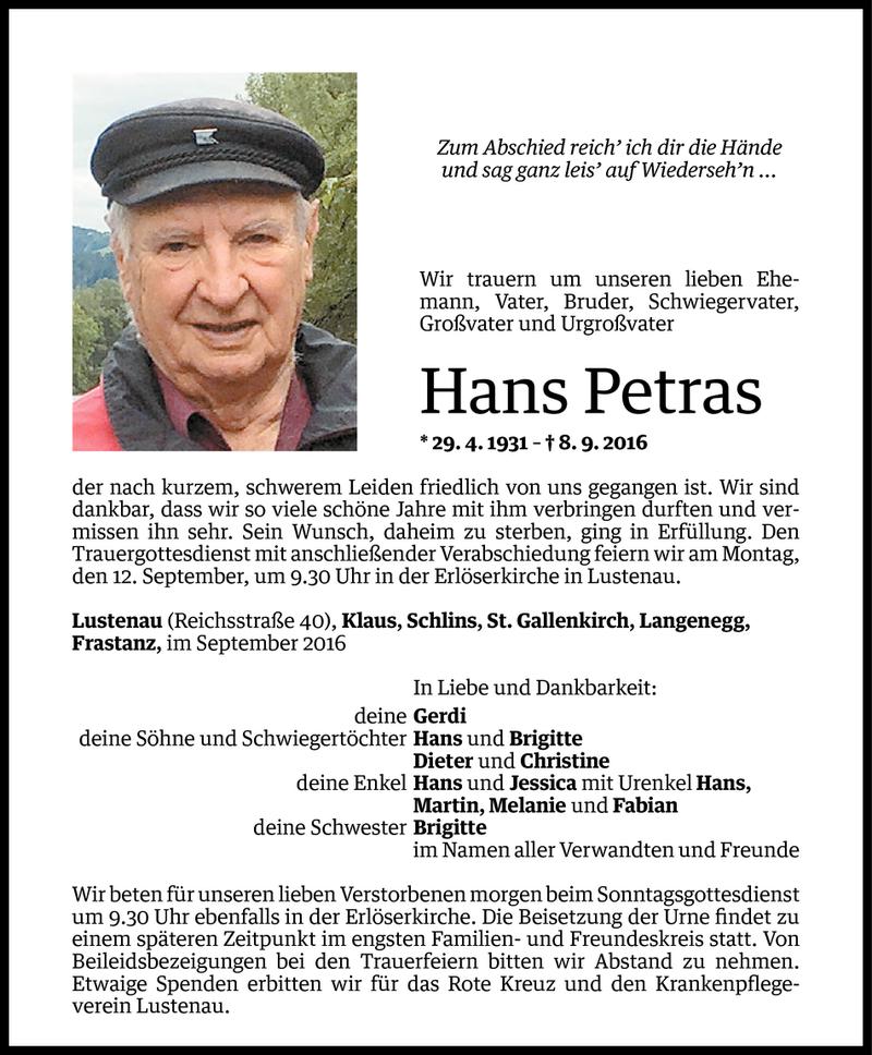  Todesanzeige für Hans Petras vom 09.09.2016 aus Vorarlberger Nachrichten