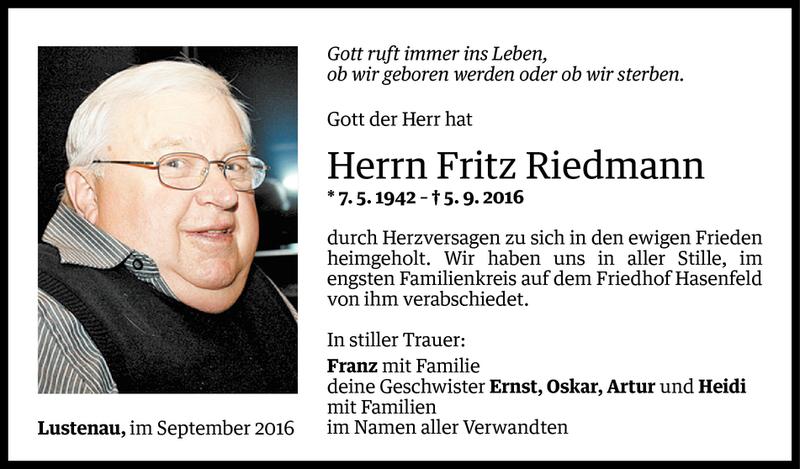  Todesanzeige für Fritz Riedmann vom 10.09.2016 aus Vorarlberger Nachrichten