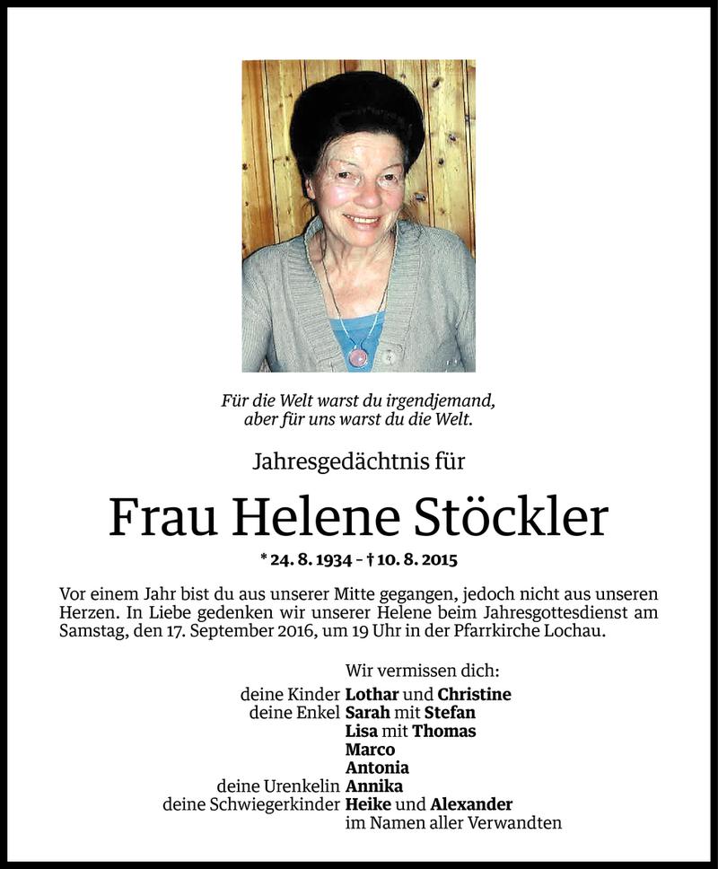  Todesanzeige für Helene Stöckler vom 13.09.2016 aus Vorarlberger Nachrichten