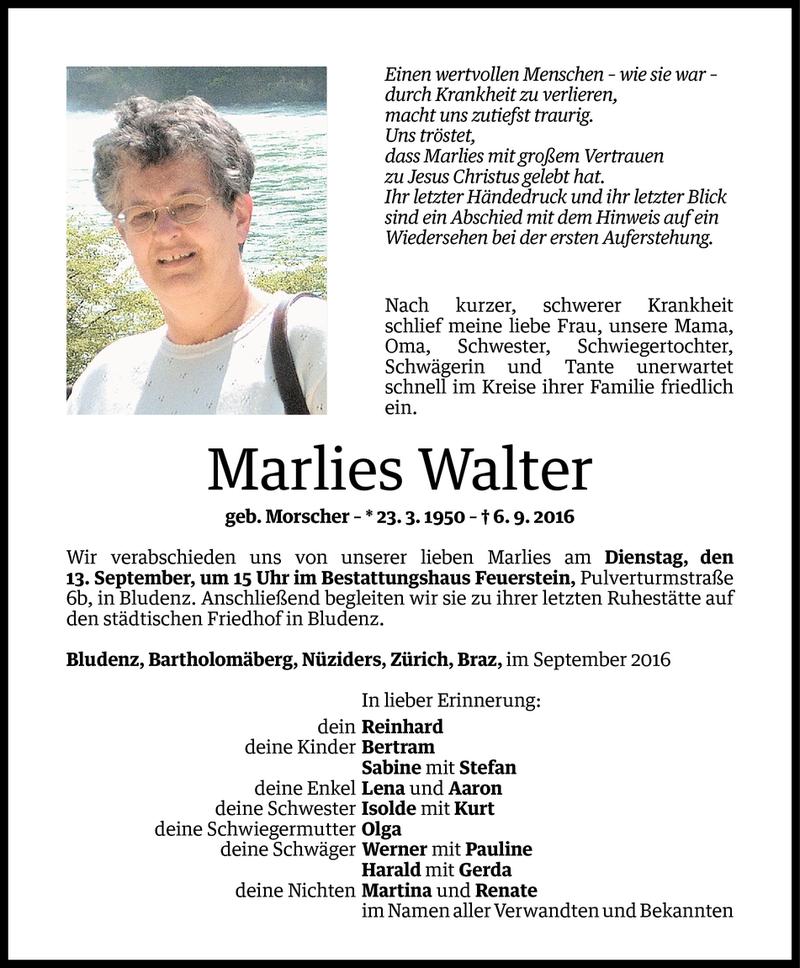  Todesanzeige für Marlies Walter vom 10.09.2016 aus Vorarlberger Nachrichten