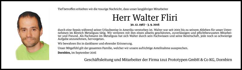  Todesanzeige für Walter Fliri vom 09.09.2016 aus Vorarlberger Nachrichten