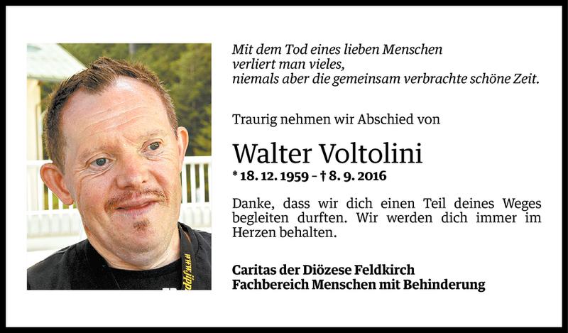  Todesanzeige für Walter Voltolini vom 11.09.2016 aus Vorarlberger Nachrichten