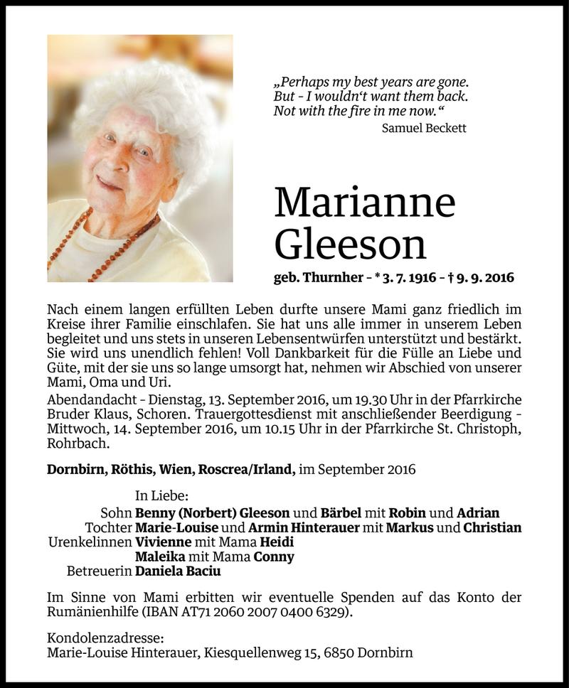  Todesanzeige für Marianne Gleeson vom 11.09.2016 aus Vorarlberger Nachrichten