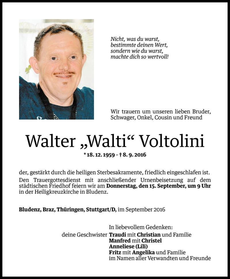  Todesanzeige für Walter Voltolini vom 12.09.2016 aus Vorarlberger Nachrichten