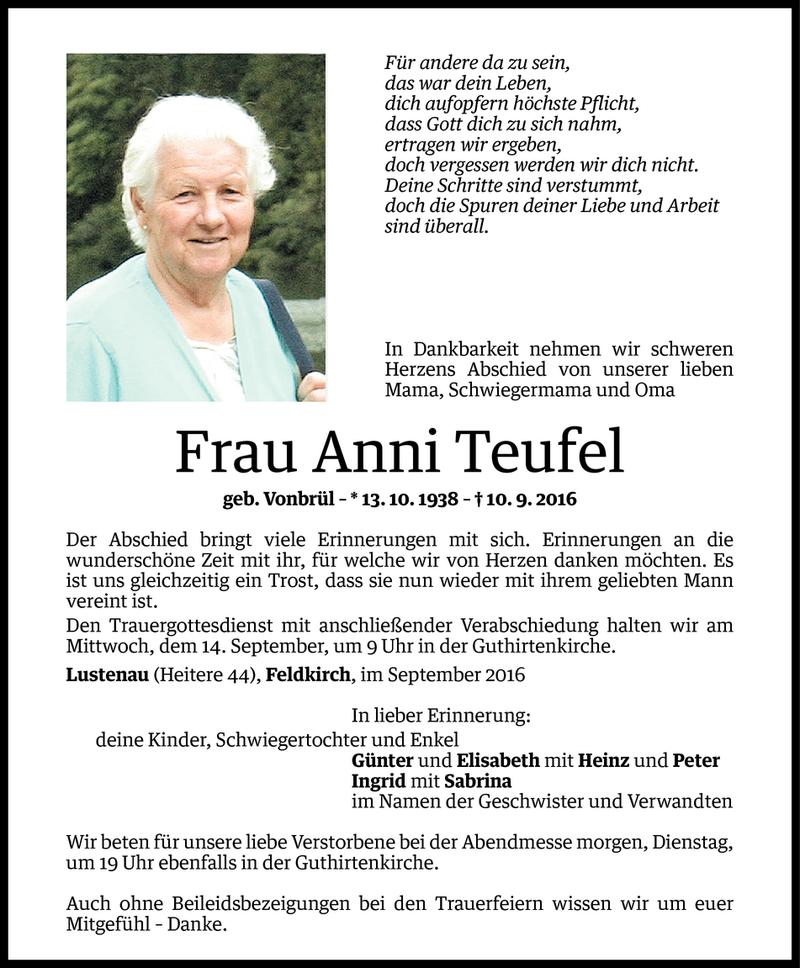  Todesanzeige für Anni Teufel vom 11.09.2016 aus Vorarlberger Nachrichten