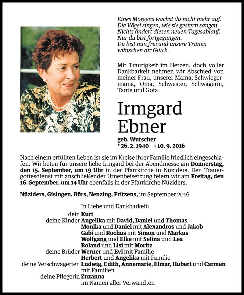  Todesanzeige für Irmgard Ebner vom 13.09.2016 aus Vorarlberger Nachrichten