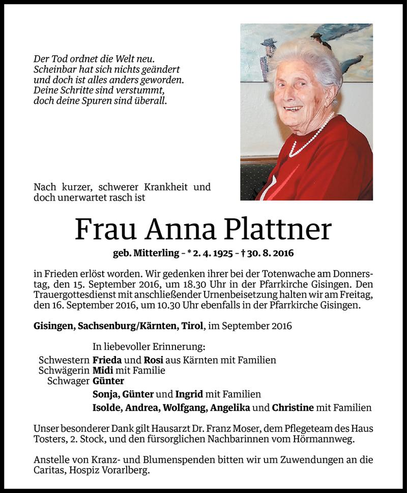  Todesanzeige für Anna Plattner vom 12.09.2016 aus Vorarlberger Nachrichten