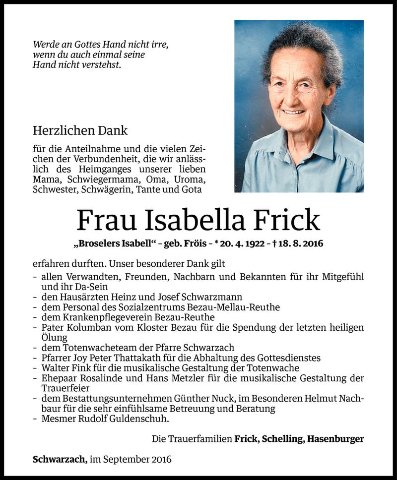  Todesanzeige für Isabella Frick vom 16.09.2016 aus Vorarlberger Nachrichten