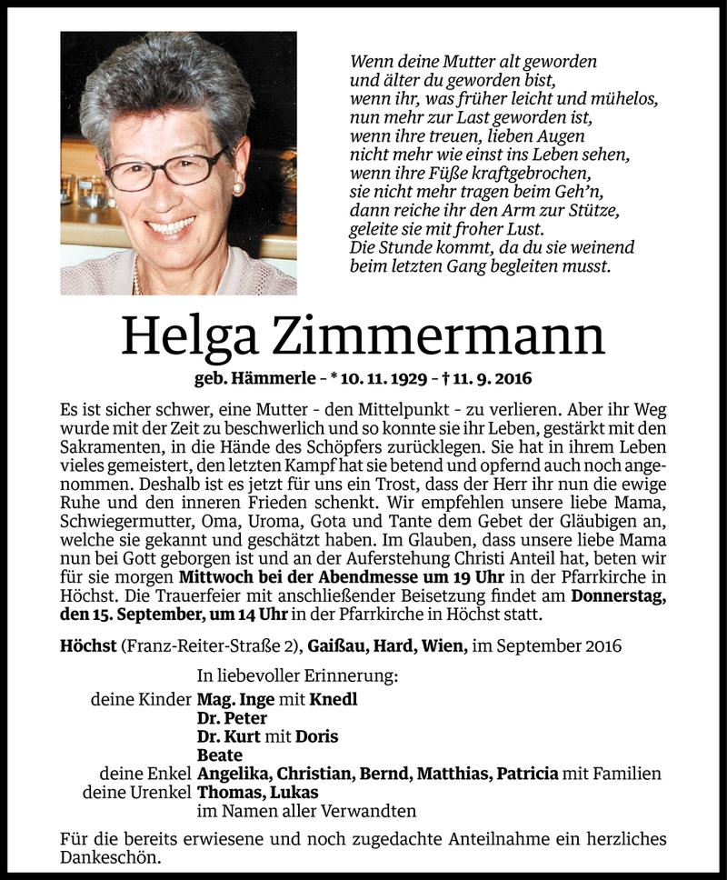  Todesanzeige für Helga Zimmermann vom 12.09.2016 aus Vorarlberger Nachrichten