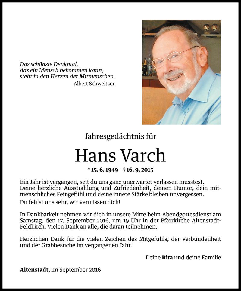  Todesanzeige für Hans Varch vom 13.09.2016 aus Vorarlberger Nachrichten
