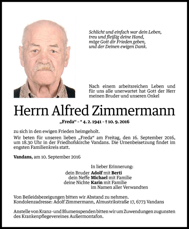  Todesanzeige für Alfred Zimmermann vom 13.09.2016 aus Vorarlberger Nachrichten