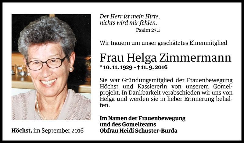  Todesanzeige für Helga Zimmermann vom 13.09.2016 aus Vorarlberger Nachrichten