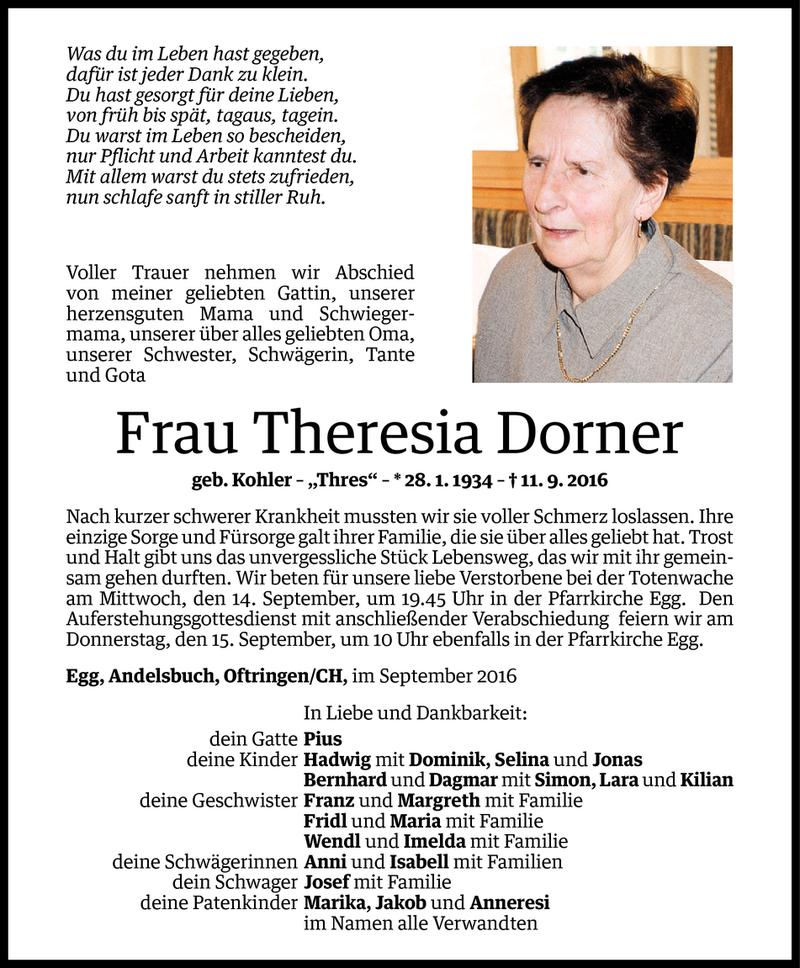  Todesanzeige für Theresia Dorner vom 13.09.2016 aus Vorarlberger Nachrichten