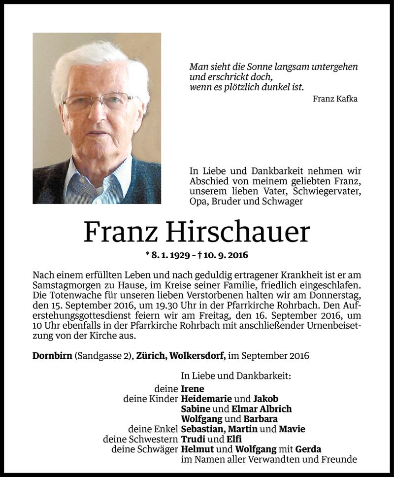  Todesanzeige für Franz Hirschauer vom 13.09.2016 aus Vorarlberger Nachrichten