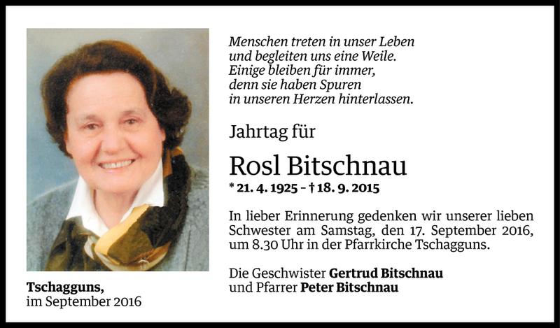  Todesanzeige für Rosl Bitschnau vom 15.09.2016 aus Vorarlberger Nachrichten