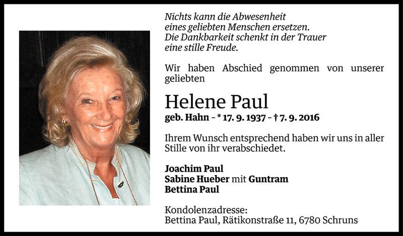  Todesanzeige für Helene Paul vom 17.09.2016 aus Vorarlberger Nachrichten