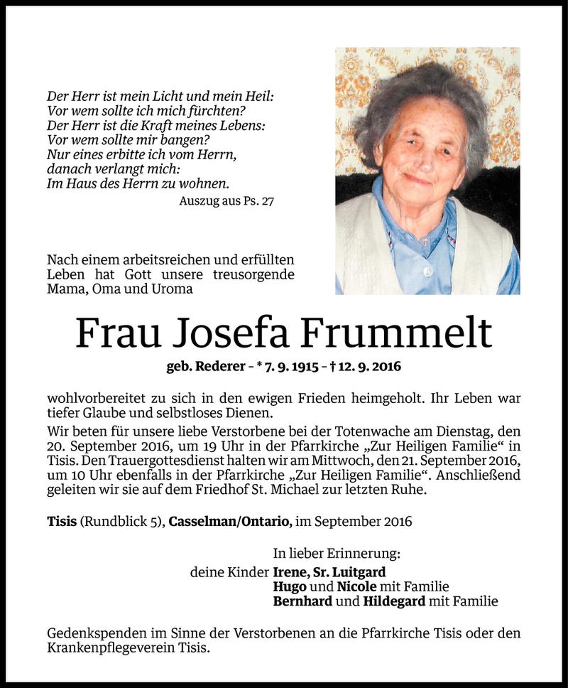  Todesanzeige für Josefa Frummelt vom 16.09.2016 aus Vorarlberger Nachrichten