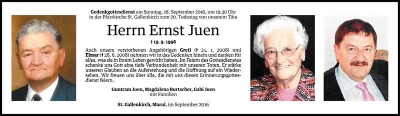  Todesanzeige für Ernst Juen vom 16.09.2016 aus Vorarlberger Nachrichten