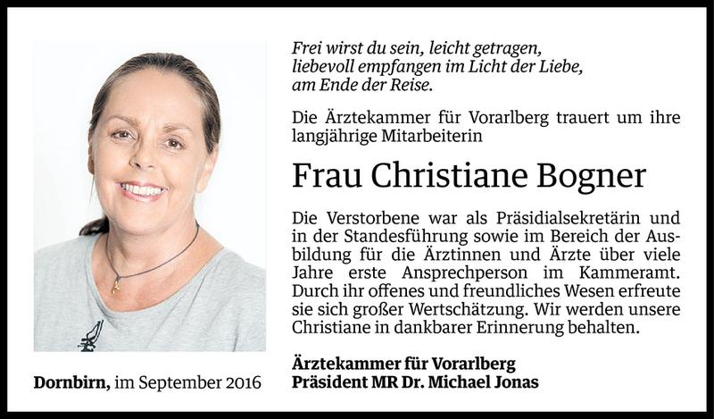  Todesanzeige für Christiane Bogner vom 16.09.2016 aus Vorarlberger Nachrichten